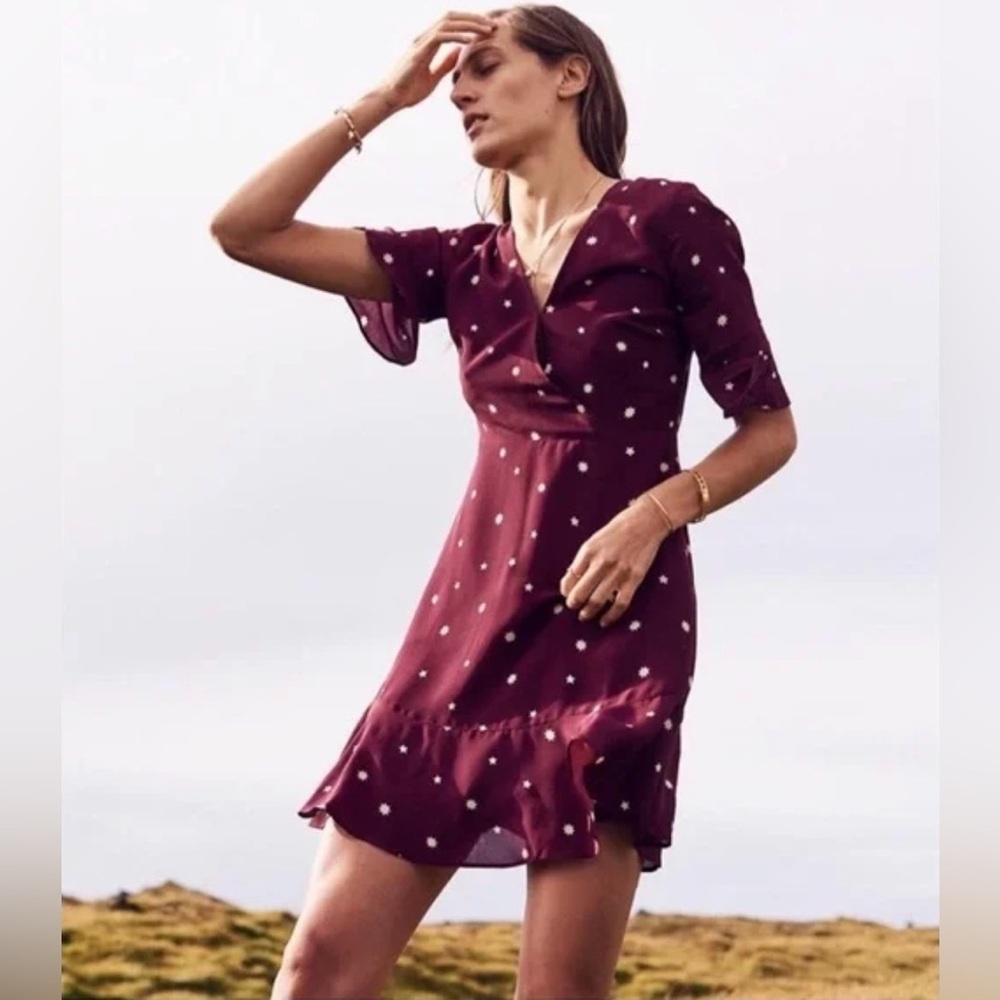 Madewell Burgundy Silk Star Print Wrap Dress Size 12